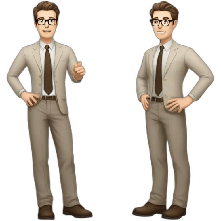 Full height Gesticulating Pale skinned fit man with dark brown hair in gray jacket, beige office shirt, brown tie, brown pants and vintage glasses. emoji