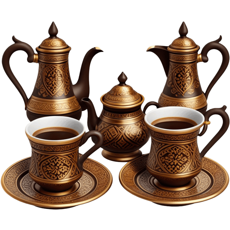 Turkish Coffee Set – Cinematic Realistic Turkish Coffee Set, depicted as an elegantly arranged ensemble of ornate coffee cups and a traditional cezve pot, adorned with intricate patterns and rich, warm colors, rendered with detailed textures and soft ambient lighting that captures its cultural heritage. emoji