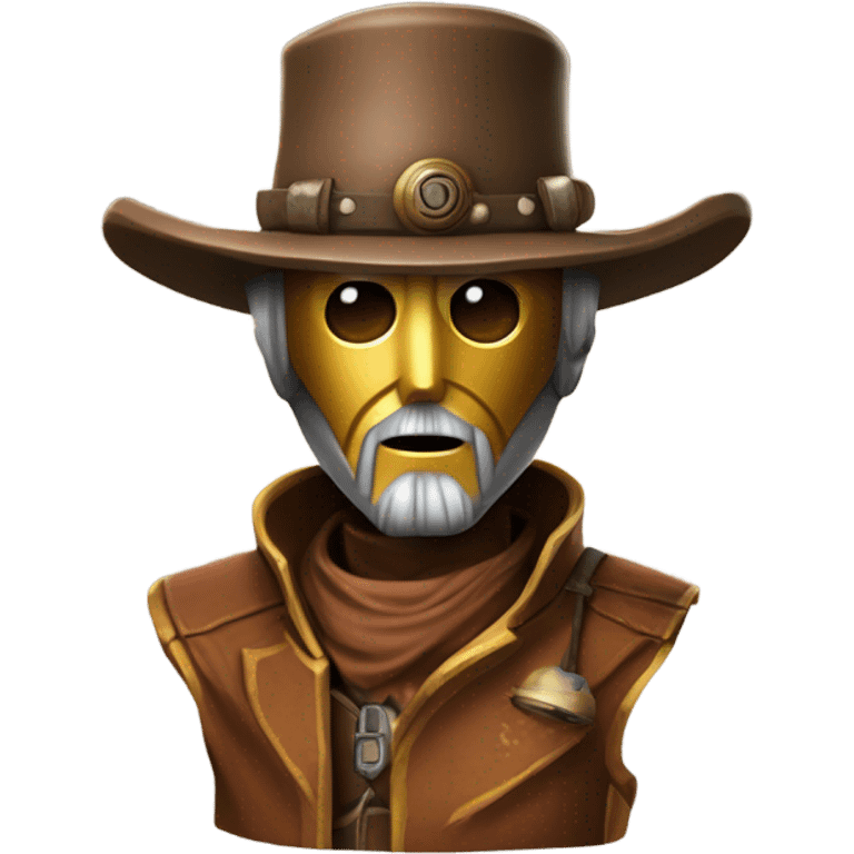 wild west Bounty hunter C3po wearing small hat relaxed pose bearded rusty emoji