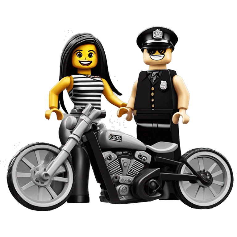 Lego, Jeffery New York Evening Gown Barbie, Wednesday Addams from academy, in vertically-striped dark-gray and black London police officer’s uniform with hat. Leaning back at the hips, riding a wheelie on a hot rod bike smiling  emoji