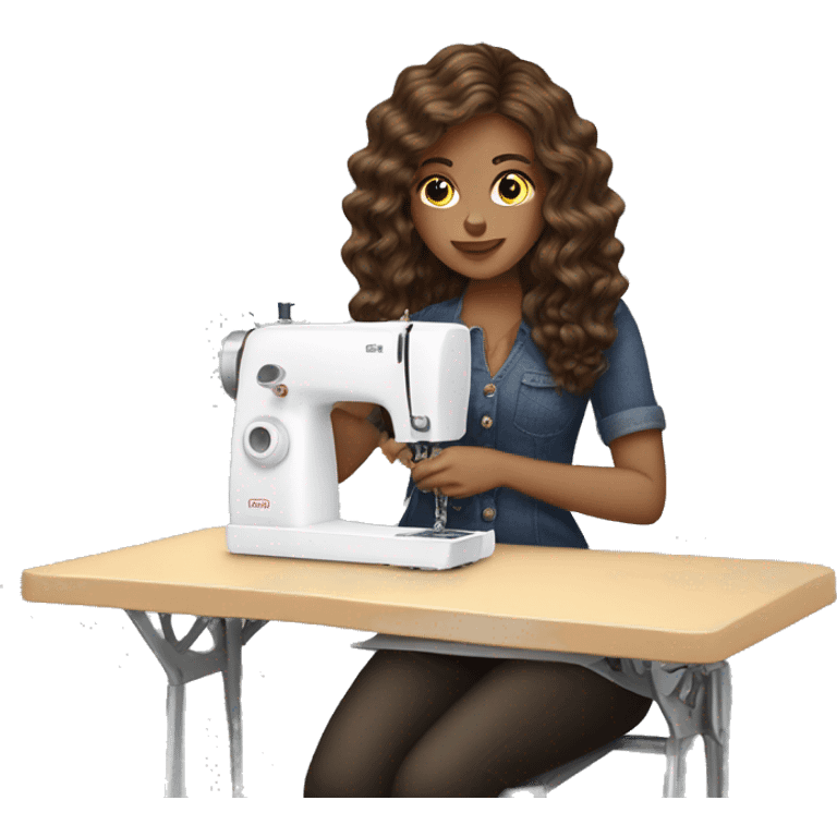 Light skinned women with brunette medium long wavy hair sewing at a sewing machine  emoji