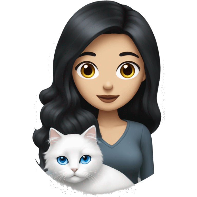 woman with black hair and holding a all white Siberian cat with blue eyes emoji