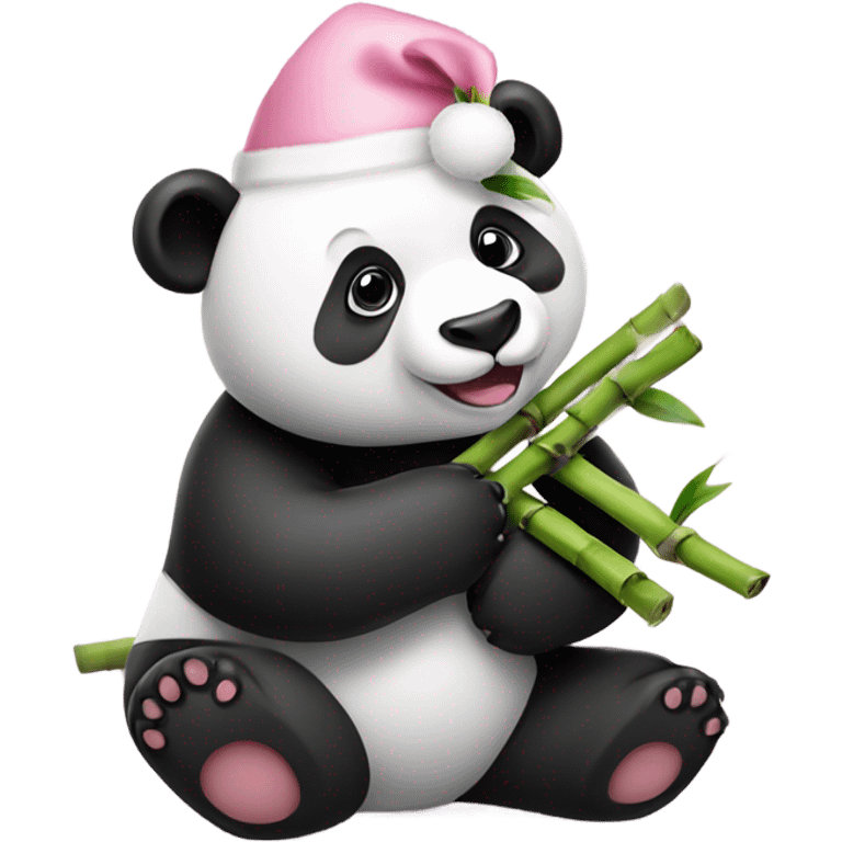 panda with pastel pink christmas hat eating bamboo emoji