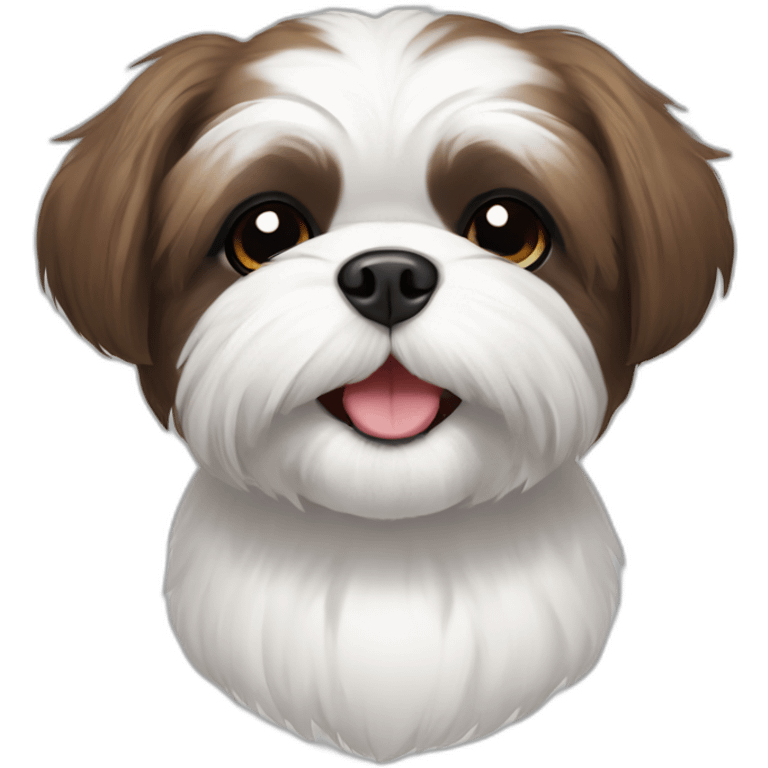 white shihtzu with brown ears and black eyes, happy, cute, smiling emoji