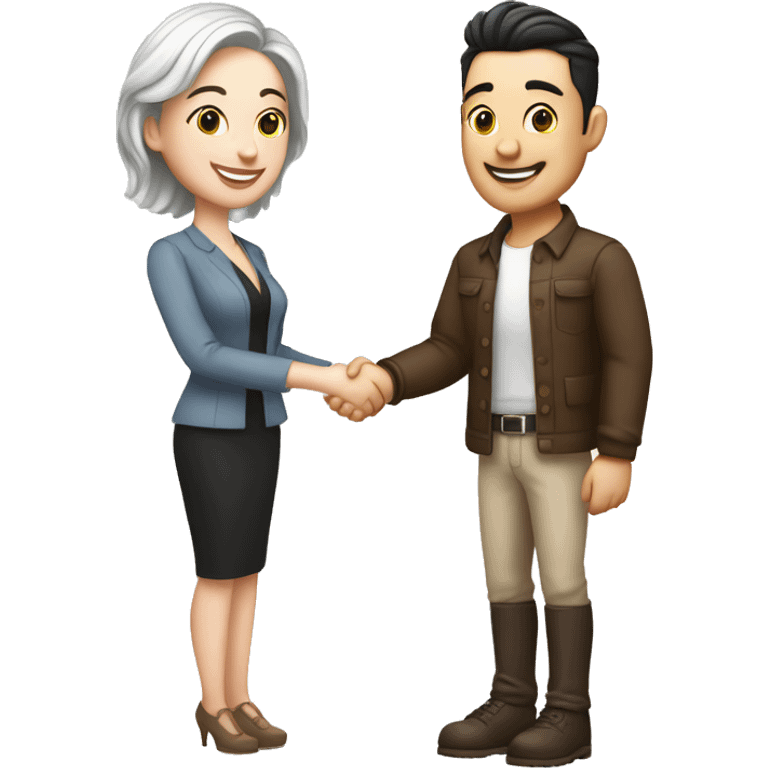 restaurant owner with white skin, and blogger with white skin, shaking hands in great detail emoji