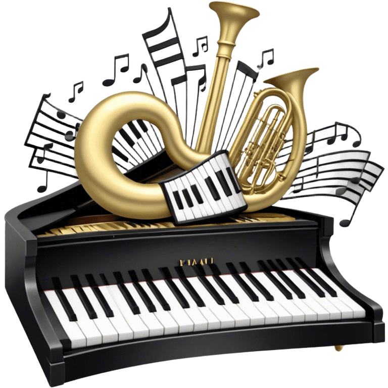 Create an elegant and festive emoji collage representing keyboard instruments, styled like a heraldic emblem. The design should feature a central focal point of black and white piano keys, arranged in a semi-circular or shield-like shape. Around the piano keys, add intertwining musical notes that form flowing ribbons, creating a dynamic and celebratory atmosphere. The design should be professional, with polished silver and gold accents on the keys and notes, highlighting the luxury and sophistication of the instruments. Add subtle shading and lighting effects to give the design a refined, 3D appearance. The background should remain transparent, and the overall feel should evoke grandeur, artistry, and a sense of celebration. emoji