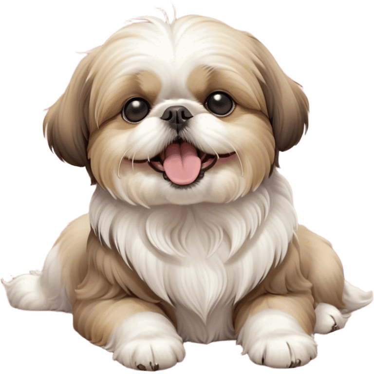 Cinematic Cute Yawning Shih Tzu Portrait Emoji, Head gently tilted with an irresistibly cute yawn and sleepy, half-closed eyes, showcasing a luxurious, fluffy fur in gentle pastel tones, simplified yet endearingly detailed, glowing with a soft, drowsy radiance, high shine, exuding tender, sleepy charm, styled with a delicate, soft glowing outline, capturing the essence of a Shih Tzu caught in a moment of adorable, sleepy bliss! emoji