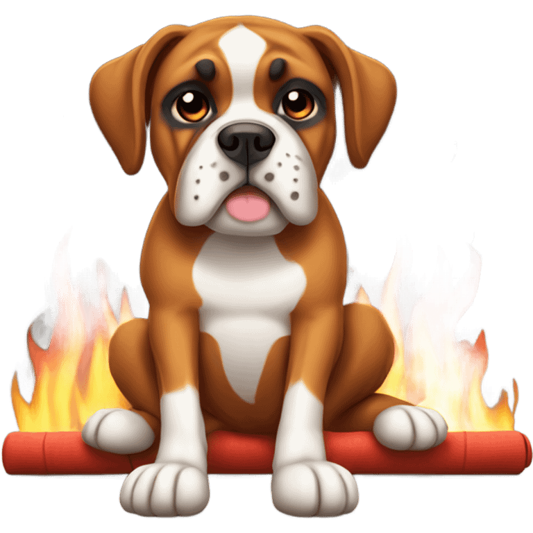 Boxer dog laying by a fire emoji