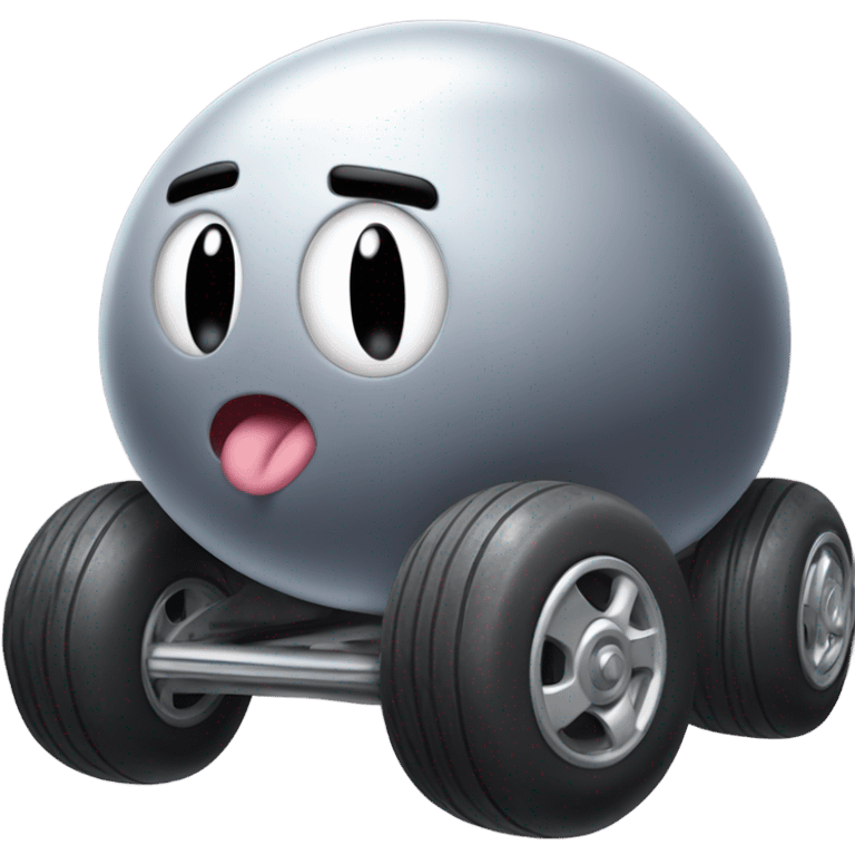 Metal cute mad Kirby bubble Gray ball driving on car wheels with mad eyebrows game emoji