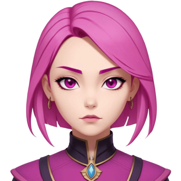 Vi from Arcane (Netflix Animation)

Face Shape: Strong, angular with high cheekbones and a defined jawline. Slightly pointed chin.
Skin Tone: Fair with a pinkish undertone.
Eyes: Large, almond-shaped, slightly downward-tilted, deep magenta/pink.
Eyebrows: Thick, sharp, slightly arched, adding to her bold expression.
Nose: Small to medium with a slightly upturned tip.
Lips: Full but not overly plump, often pursed or smirking.
Hair: Vivid pink/magenta, short and asymmetrical—left side shaved, right side with long, voluminous bangs partially covering her eye. The back is short and messy.
Other Features: Light freckles, a scar on her right eyebrow.
Expression: Intense and confident, often smirking or glaring.
Accessories: Small silver hoop earring in her left ear.
Tattoo: Roman numeral "VI" on her left cheekbone, below her eye. emoji