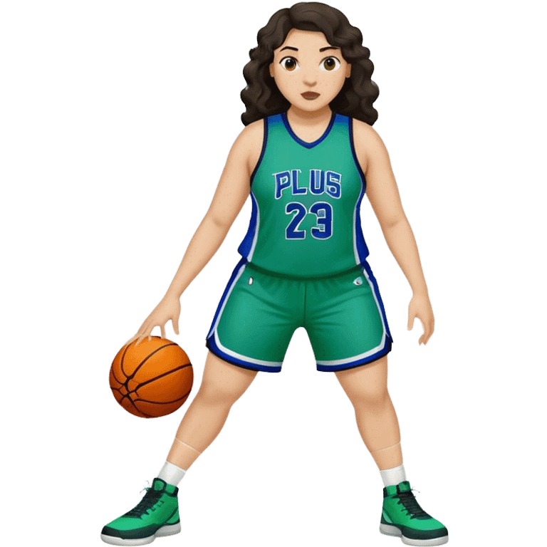 full body plus size light skin latino women basketball player with wavy dark hair large widenose wearing blue and green uniform emoji