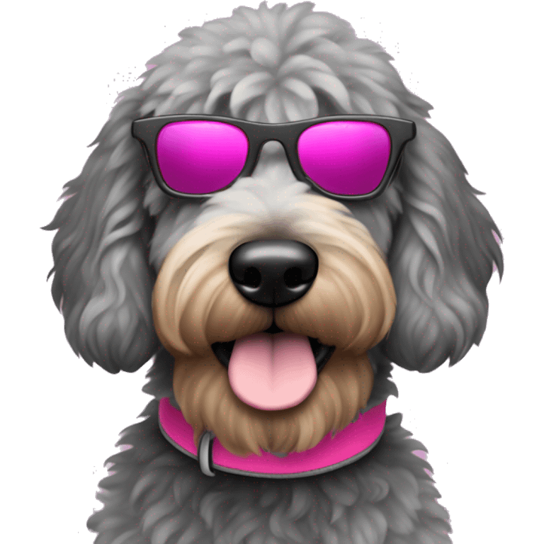 Grey and black golden doodle with pink collar and sunglasses emoji