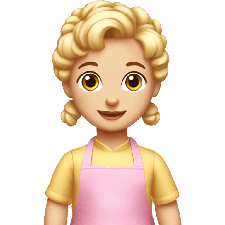 create a gif of a little baker's doll, with a pink apron, blonde hair with a bun who is happy emoji