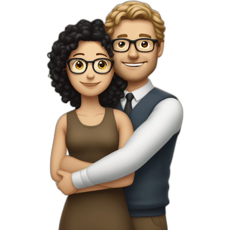 tall white man with black curly hair hugging white woman with glasses and brown straight hair emoji