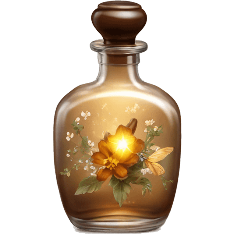 Brown magic fairy light sparkling old Antique oil perfume bottle with herbal and flowers emoji