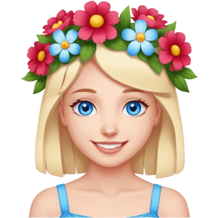 smiling girl with flowers on head with blue eyes emoji