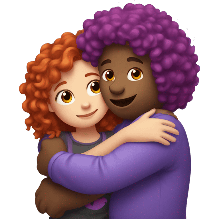 Bear hugs a girl with purple red curly hair emoji