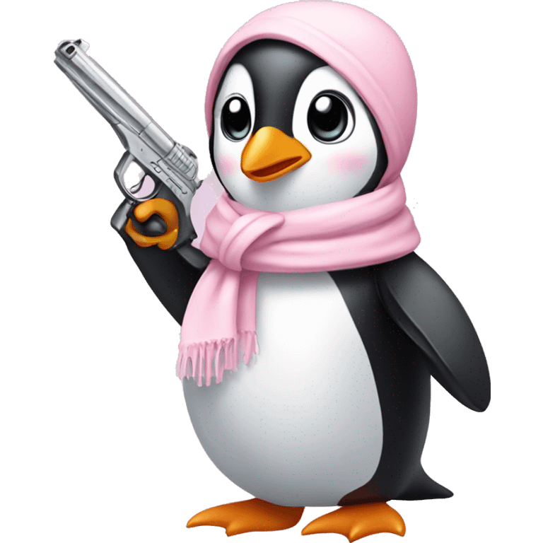 cute penguin wearing light pink bow scarf and holding light pink gun  emoji