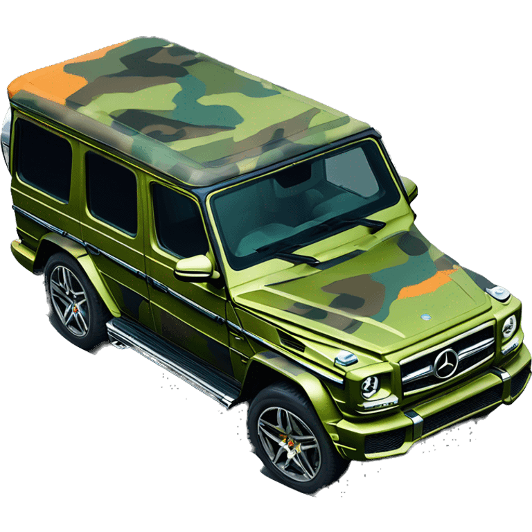 Young Dolph luxury clothes,blue diamond chain on,getting inside/not all the way in,just opened car door to his all orange and green colored,whole car painted army camouflage, Mercedes G Wagon emoji