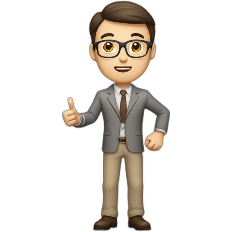 To belt Actively gesturing with hands Pale skinned fit man teacher with dark brown hair in gray jacket, beige office shirt, brown tie, brown pants and vintage glasses. emoji