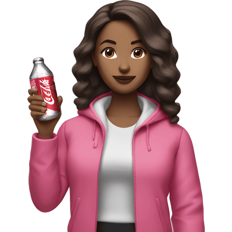 Woman with dark brown hair, dark brown eyed and light skin waring pink lulu lemon jacket, drinking cherry diet coke bottle’s  emoji