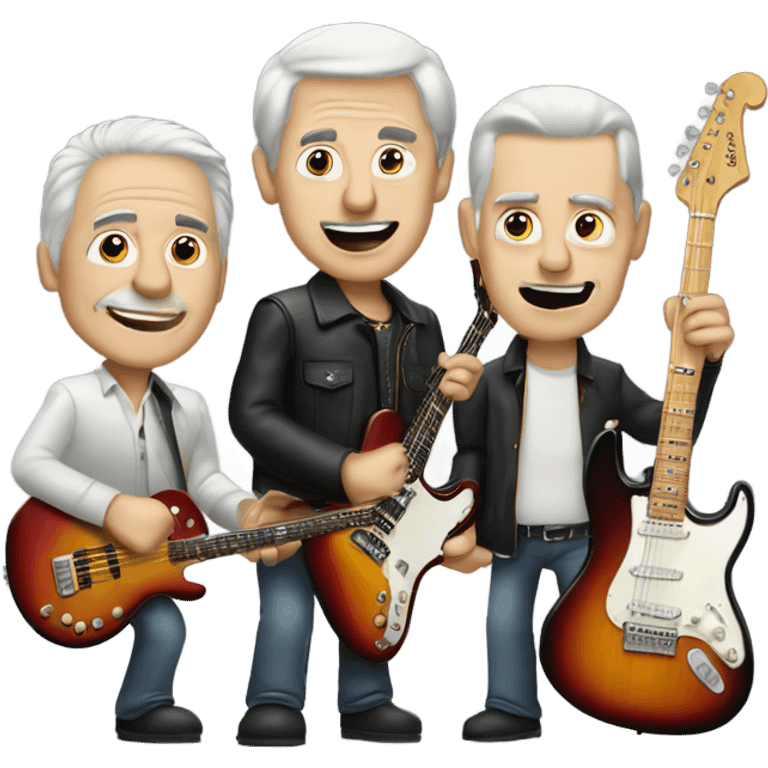 Three older white musicians jamming. one on a Gibson guitar, one on a Fender bass and one on a drum emoji