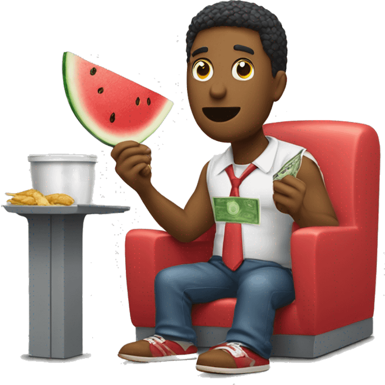 colores man eating fried poulet legs and watermelon while taking money out of a bank emoji