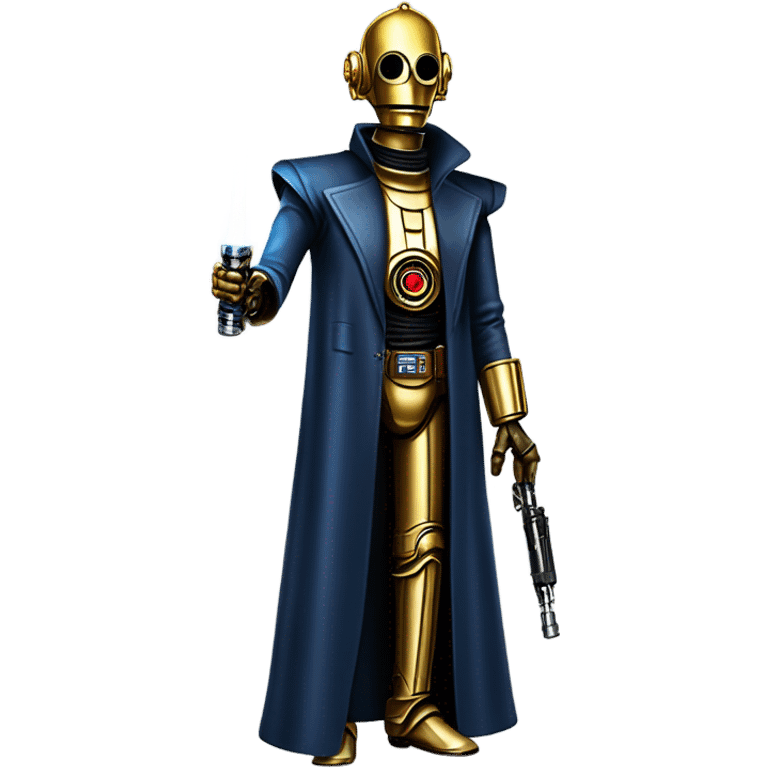 tough well-equipped jedi first order life-sized darkblue-pearl C3po as a friendly bounty hunter droid wearing a leather clothing old west duster coat holding light saber emoji