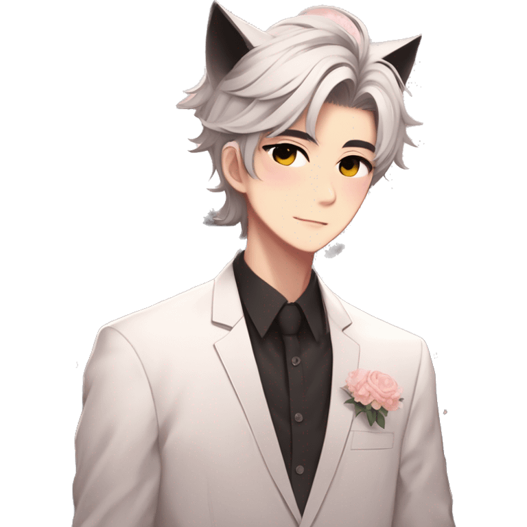 Gorgeous romantic anime style Asian formal modern shojo guy with cat ears and flowers and blushing face aesthetic trending style outside emoji