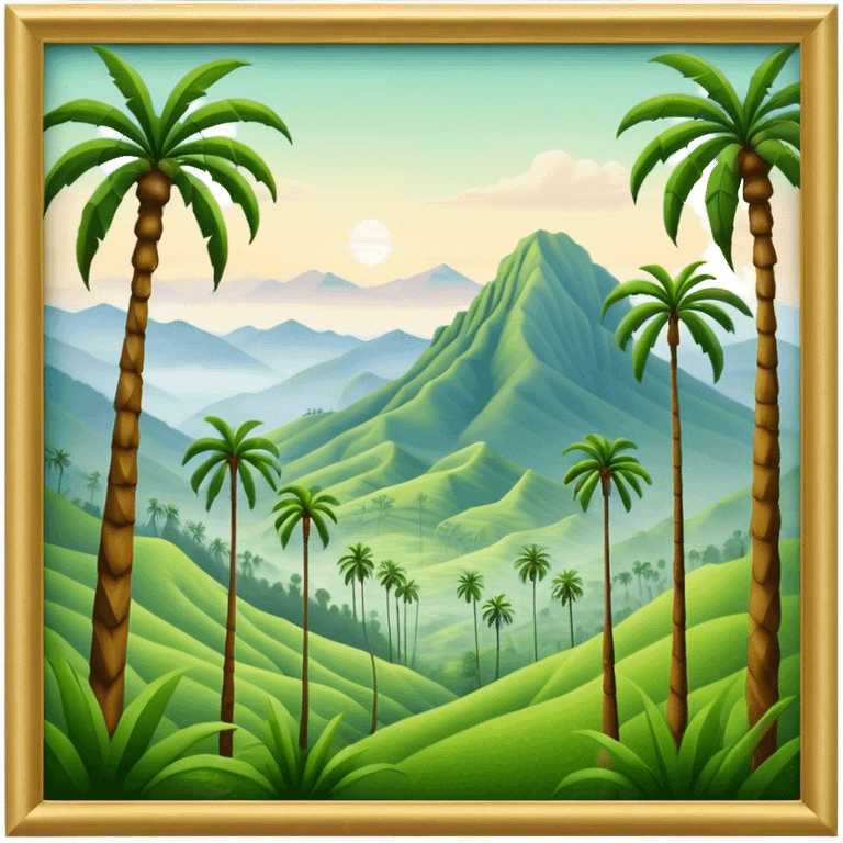 Cinematic Realistic Cocora Valley Landmark Emoji, featuring towering wax palm trees swaying in the misty green valley, with rolling hills and distant mountain peaks bathed in warm morning light. emoji