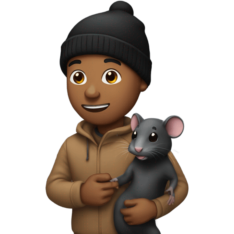 Brown man with black Beanie holding a rat emoji