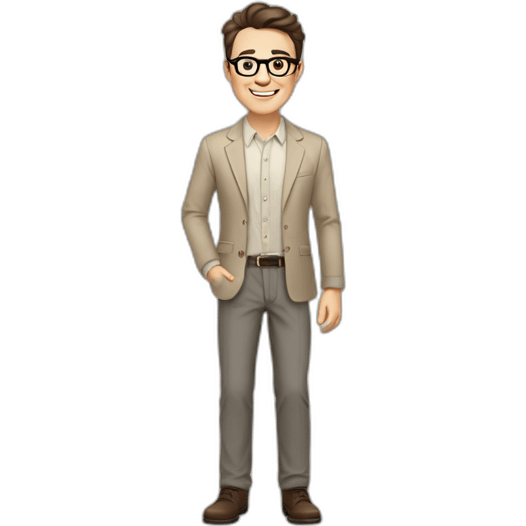 Joyful Full height Pale skinned Fit Man With dark brown hair in gray jacket, beige office shirt, Brown pants and vintage glasses. His thrumbs up emoji