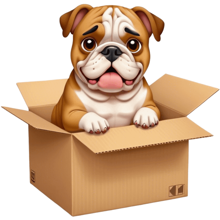 Homeless bulldog sitting in a cardboard box begging for change  emoji