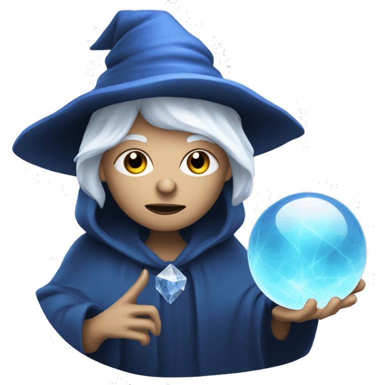 wise crone with white hair and blue witch hat  holding crystal ball emoji