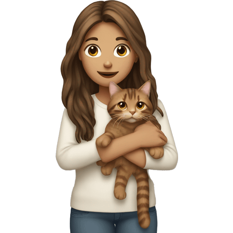 Long brown-haired girl holding long haired tabby cat emoji