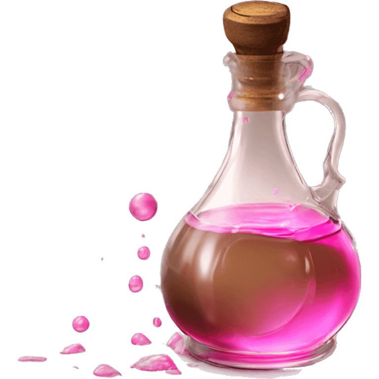 Mysterious Alchemical vintage glass potion bottle, exquisite bottle shape, old and shabby, with label, stylish and minimalistic, brown and pink, oil potion is poured out of the bottle, oil is spilled next to it emoji