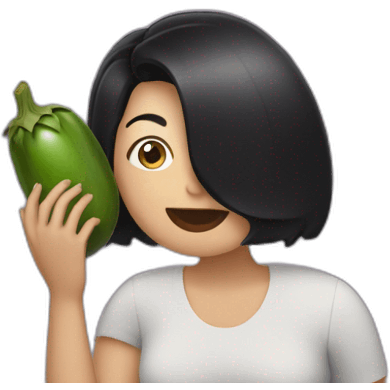 woman with black hair eating an eggplant without using their hands emoji