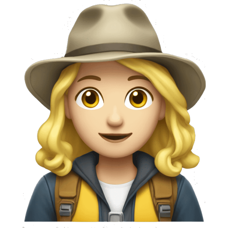 A female college student with white skin and shoulder-length yellow hair wearing an explorer hat. emoji