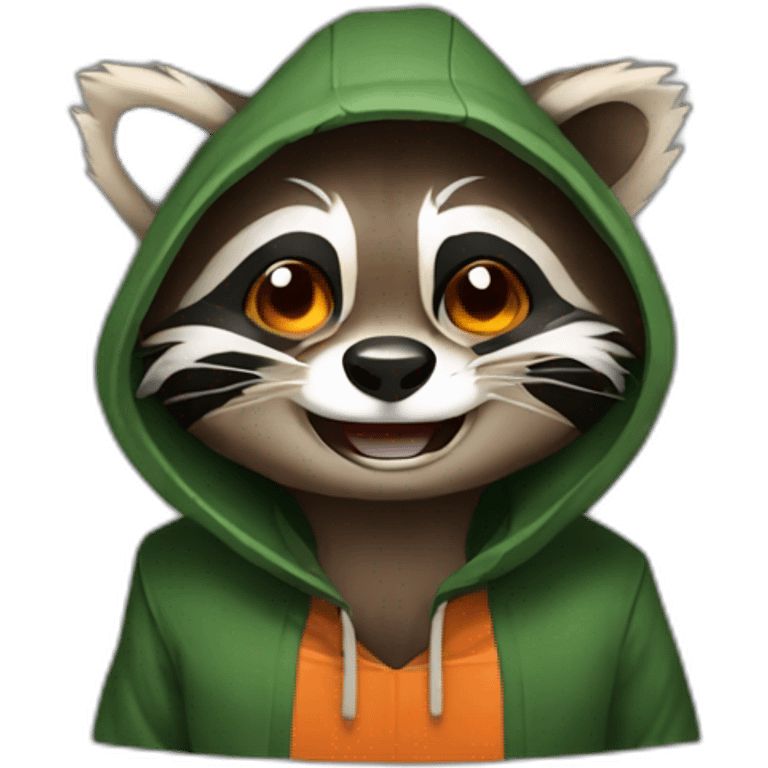 brown raccoon with orange eyes and a dark green hood that is laughing emoji