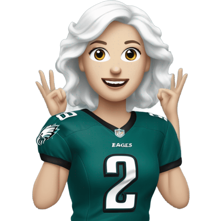 White female light skin white hair blue eyes wearing Philadelphia Eagles jersey cheering emoji