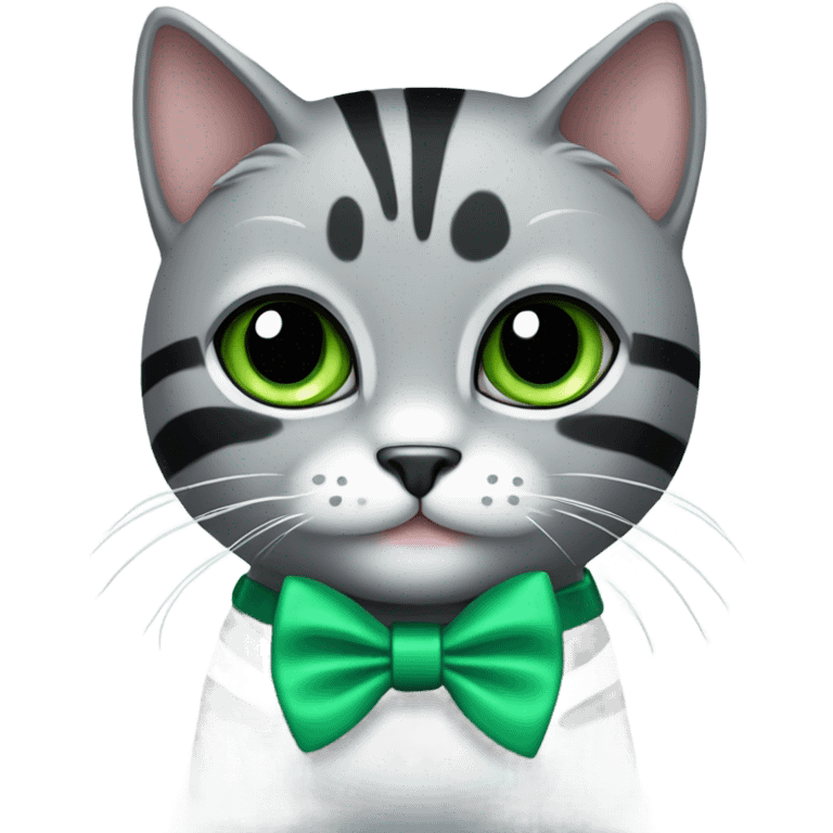 Cute grey cat with black stripes and big shinny green eyes wearing a bow tie emoji