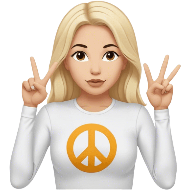 White woman wearing lululemon long sleeve T shirt with blonde hair and middle part doing duck lips and sticking up peace sign with one hand  emoji