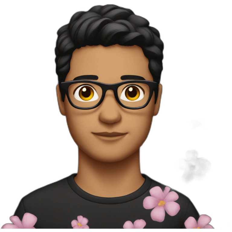 dark hair guy wearing glasses and dark t-shirt with flowers print emoji