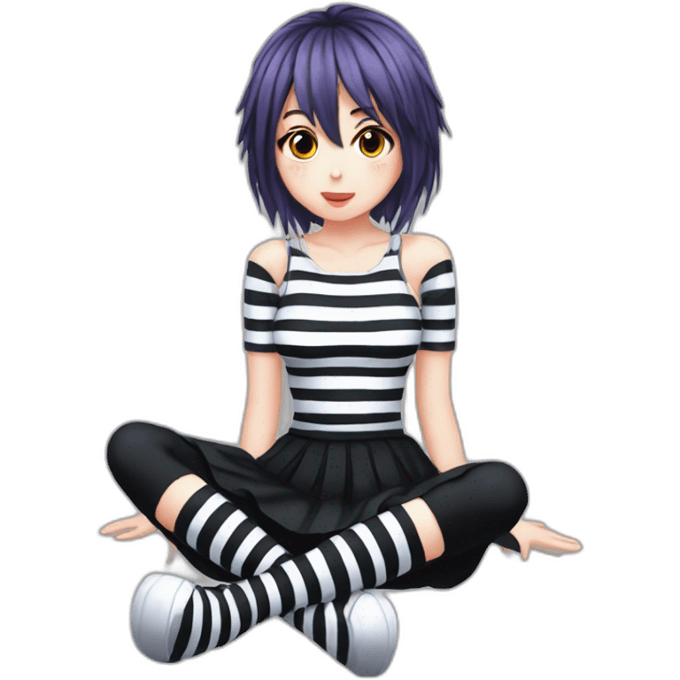 full body Front view emo girl sits on the floor black skirt torn striped stockings emoji