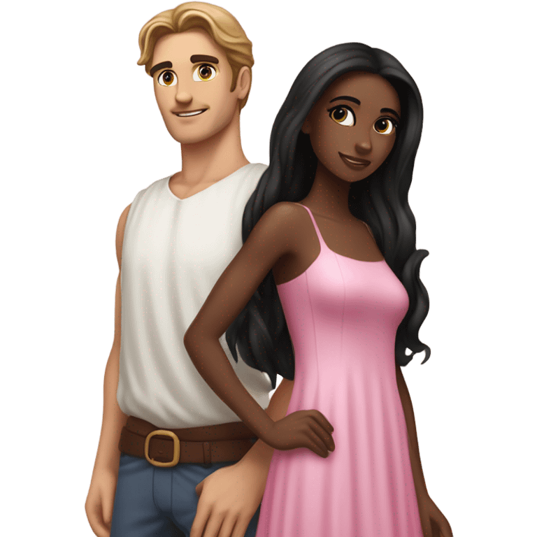 A handsome pale Greek god man who has long brown hair and tanned skin with a pretty black skinny tall model woman who has long black hair and she is wearing a pink dress and they are a couple emoji