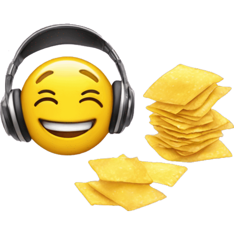 yellow smiley face with lash extensions and headphones blowing bubble gum and holding chips pack emoji