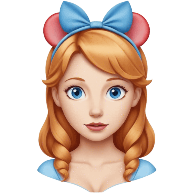 Strawberry blonde woman with blue eyes wearing round Disney ears on head emoji