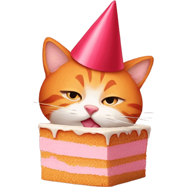 Orange cat with stripes wearing a red party hat eating a piece of pink cake emoji