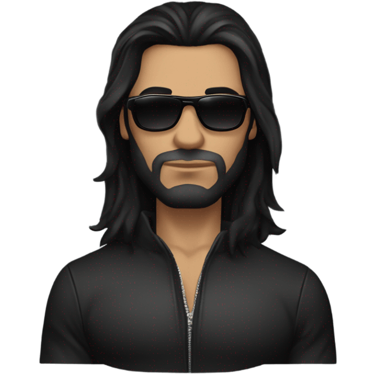 Man. long black hair, masculine strong serious face, fine lips, black sunglasses, lather jacket, underneath black t-shirt, muscles. Very mysterious  emoji