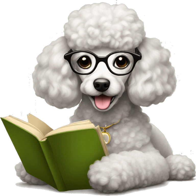 Poodle with glasses reading a book and drinking tea emoji